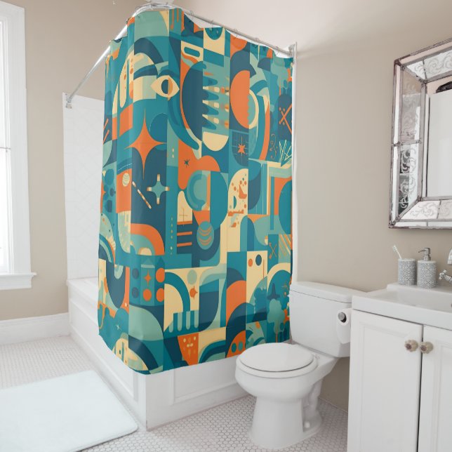 Orange and Teal Geometric Abstract Shower Curtain (In Situ)