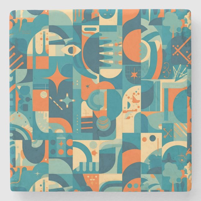 Orange and Teal Geometric Abstract Stone Coaster (Front)