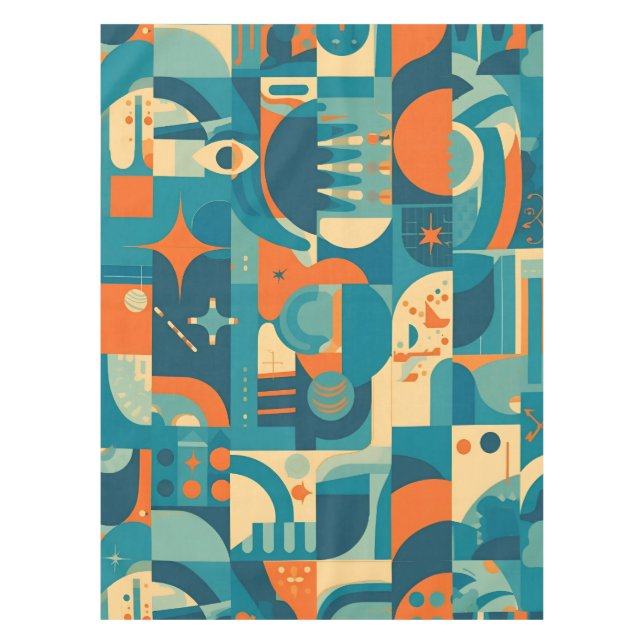 Orange and Teal Geometric Abstract Tablecloth (Front)