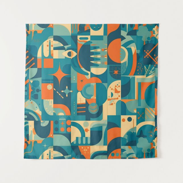 Orange and Teal Geometric Abstract Tapestry (Front)