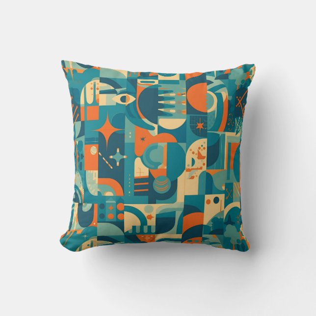 Orange and Teal Geometric Abstract Throw Pillow (Front)