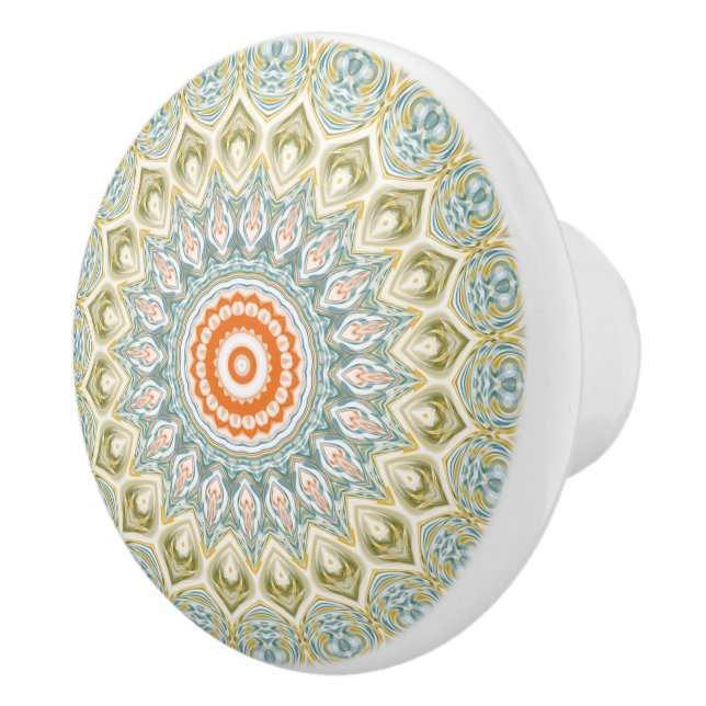 Orange and Teal Mandala Pattern with Gold Accents Ceramic Knob (Right)