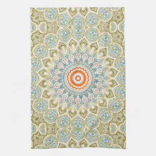 Orange and Teal Mandala Pattern with Gold Accents Kitchen Towel