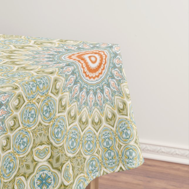 Orange and Teal Mandala Pattern with Gold Accents Tablecloth (In Situ)