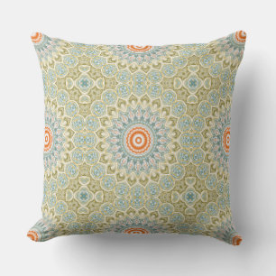 Orange and Teal Mandala Pattern with Gold Accents Throw Pillow