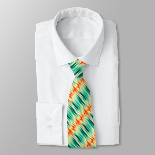 Orange and Teal Mosaic Pattern Neck Tie (Tied)
