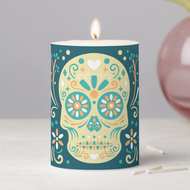 Orange and Teal Sugar Skull Pillar Candle (In Situ)