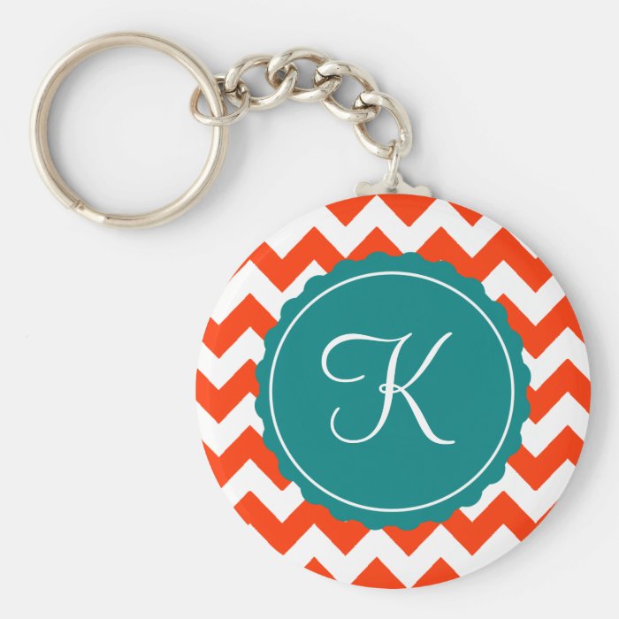 Orange and Teal Zig Zag Custom Initial Keychain Zazzle