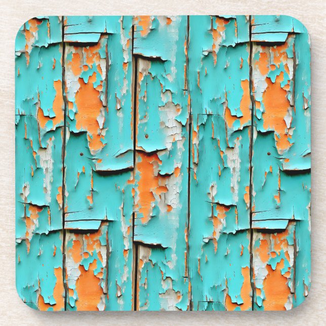 Orange and Turquoise Blue Weathered Wood Beverage Coaster (Front)