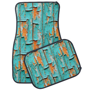 Orange and Turquoise Blue Weathered Wood Car Floor Mat