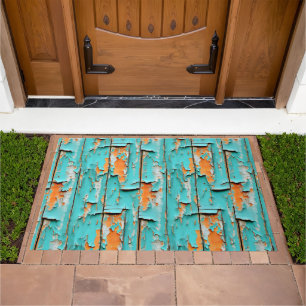 Orange and Turquoise Blue Weathered Wood Doormat