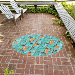 Orange and Turquoise Blue Weathered Wood Outdoor Rug