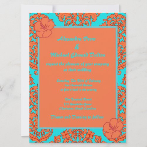 Orange and Turquoise Damask Custom Invitation