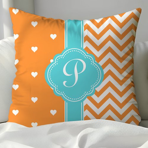 Orange And Turquoise Monogram Hearts And Chevron Throw Pillow