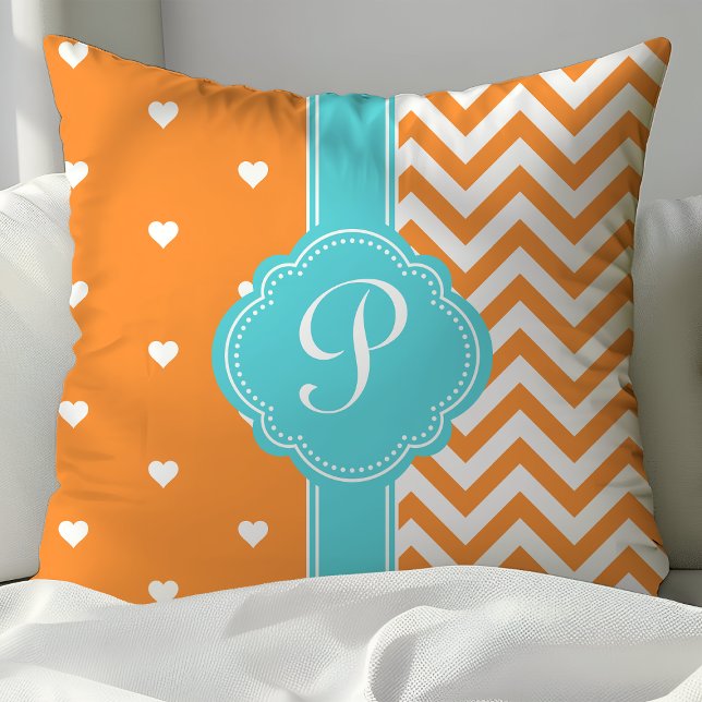 Orange and Turquoise Monogram Hearts and Chevron Throw Pillow (Creator Uploaded)