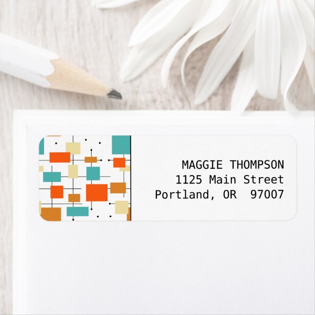 Orange and Turquoise Squares Mid Century Modern Label (Insitu)