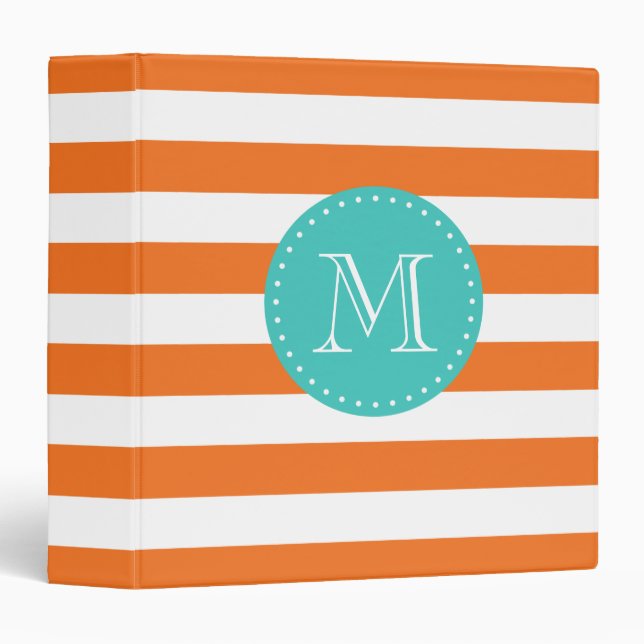 Orange and Turquoise Stripes Custom Monogram 3 Ring Binder (Front/Spine)