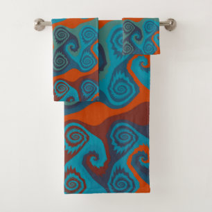 Orange and Turquoise Swirl abstract Bath Towel Set