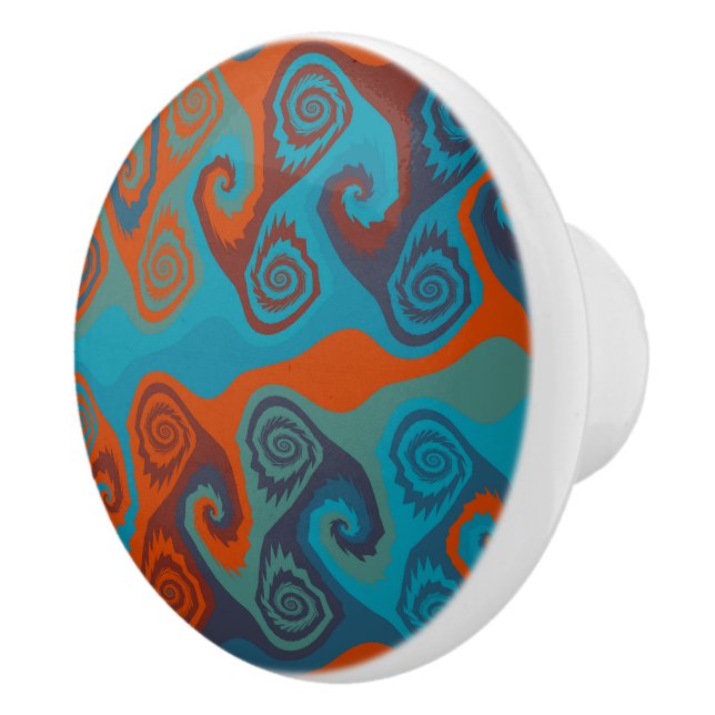 Orange and Turquoise Swirl abstract Ceramic Knob (Right)