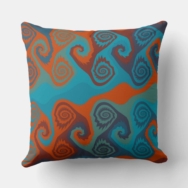 Orange and Turquoise Swirl abstract Throw Pillow (Back)