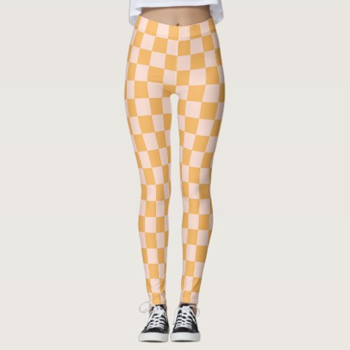 Orange and Unbleached Silk Checkerboard Leggings