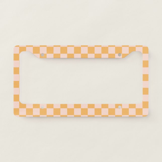 Orange and Unbleached Silk Checkerboard License Plate Frame (Front)