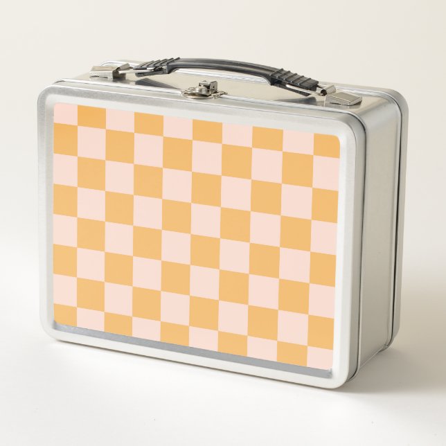 Orange and Unbleached Silk Checkerboard Metal Lunch Box (Front)