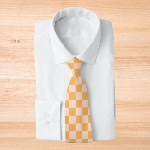 Orange and Unbleached Silk Checkerboard Neck Tie