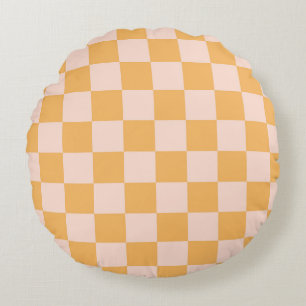 Orange and Unbleached Silk Checkerboard Round Pillow