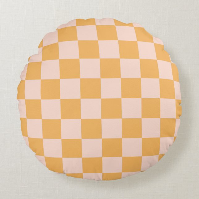 Orange and Unbleached Silk Checkerboard Round Pillow (Front)