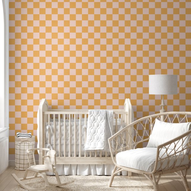 Orange and Unbleached Silk Checkerboard Wallpaper (Kids)