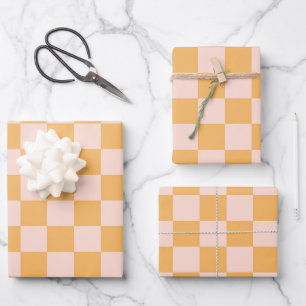 Orange and Unbleached Silk Checkerboard Wrapping Paper Sheets