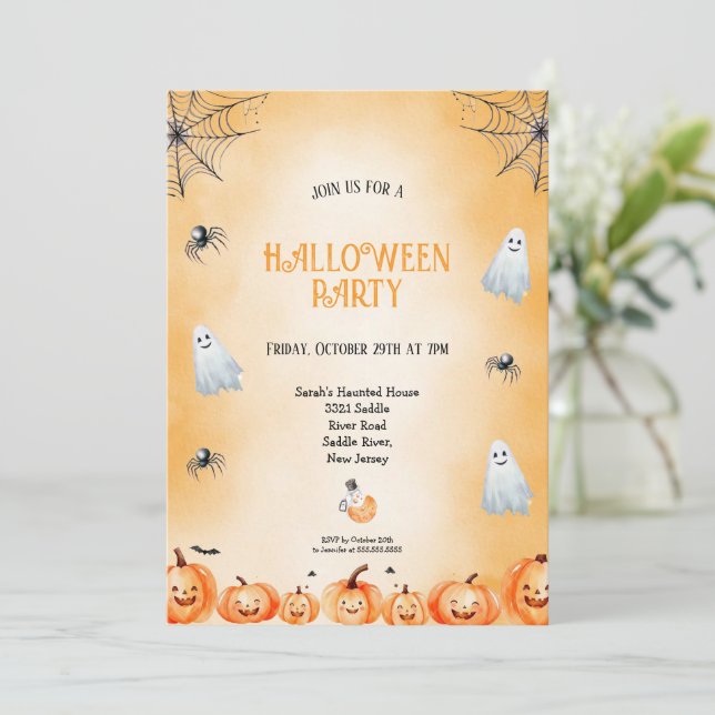 ORANGE AND WHIT AND BLACK HALLOWEEN PARTY INVITATION (Standing Front)
