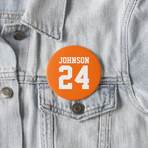 Orange and White Athlete Name Jersey Number Button