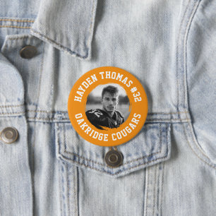 Orange and White Athlete Name Jersey Number Photo Button