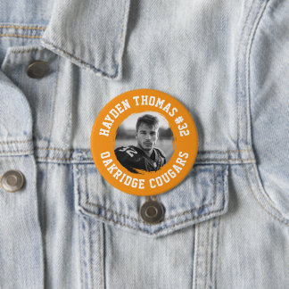 Orange and White Athlete Name Jersey Number Photo Button
