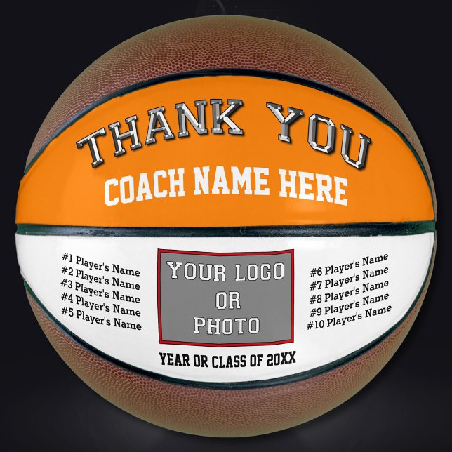 Orange and White Basketball, Custom Basketball (Best basketball coach gifts. White, Black. Orange basketball. Personalized basketball for coach.)