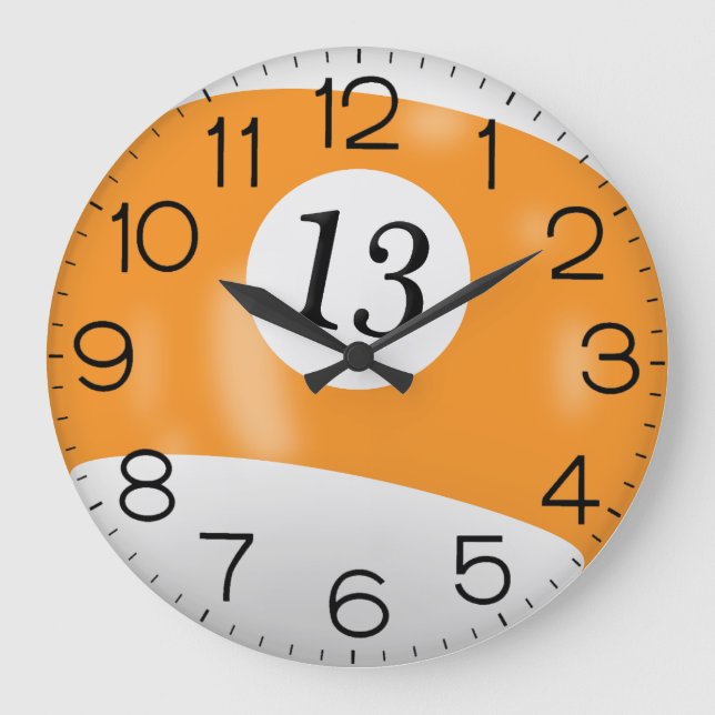 Orange and White Billiard #13 Ball     Large Clock (Front)