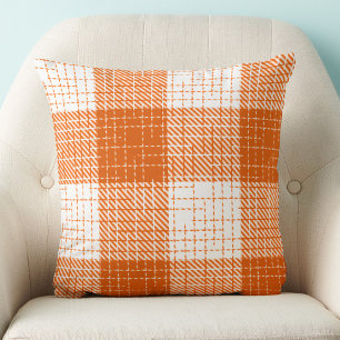 Orange and White Bold Checkered Plaid Design Throw Pillow