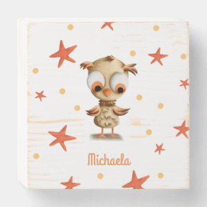 Orange and white Brown Owl with big eyes nursery W Wooden Box Sign