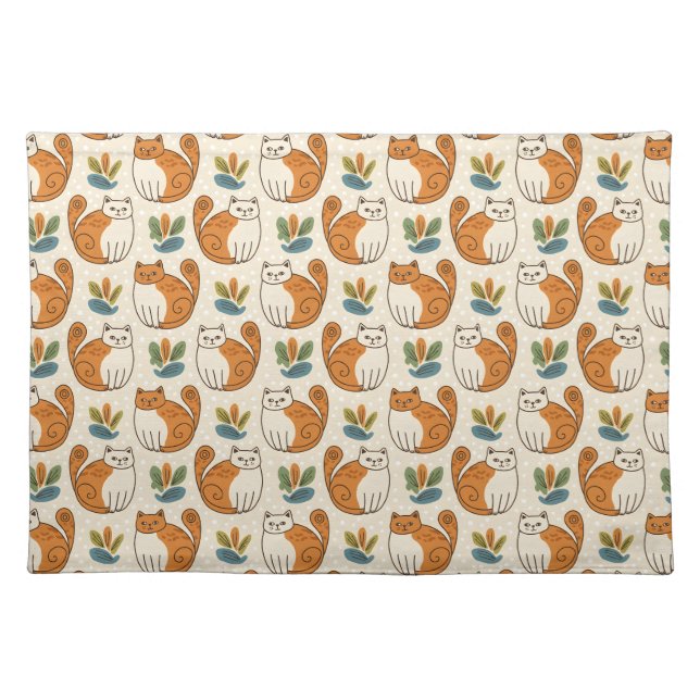 Orange and White Cats Naive Art Style Cloth Placemat (Front)