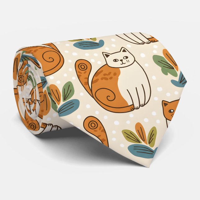 Orange and White Cats Naive Art Style Neck Tie (Rolled)