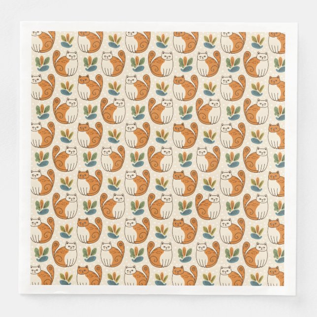 Orange and White Cats Naive Art Style Paper Dinner Napkins (Front)
