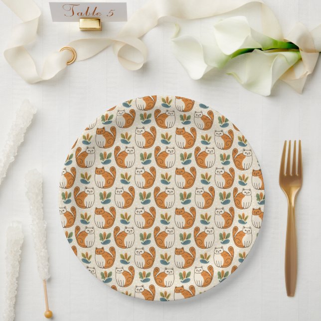 Orange and White Cats Naive Art Style Paper Plates (Wedding)