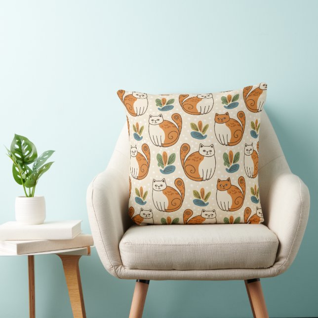 Orange and White Cats Naive Art Style Throw Pillow (Chair)