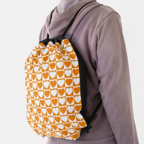 Orange and White Checkerboard Heart Pattern Drawstring Bag