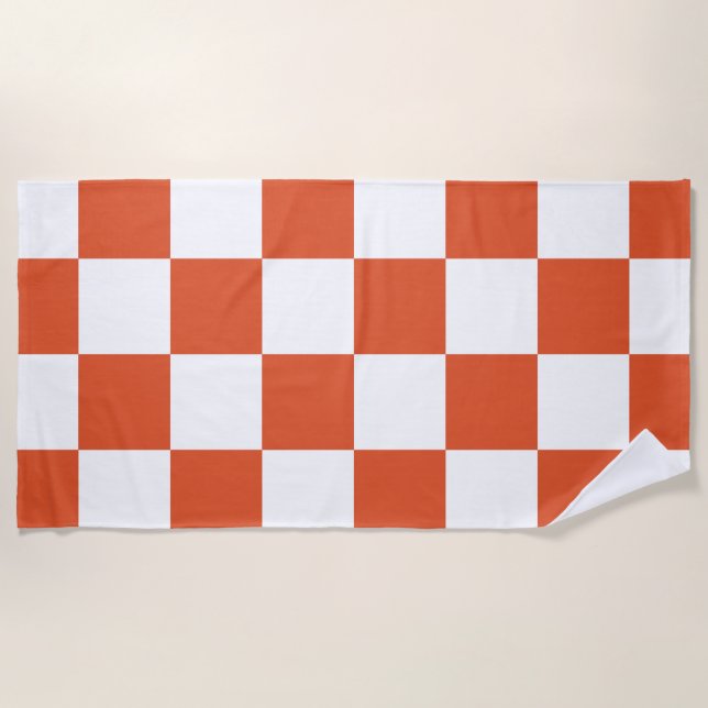 Orange and White Checkerboard Pattern Beach Towel (Front)
