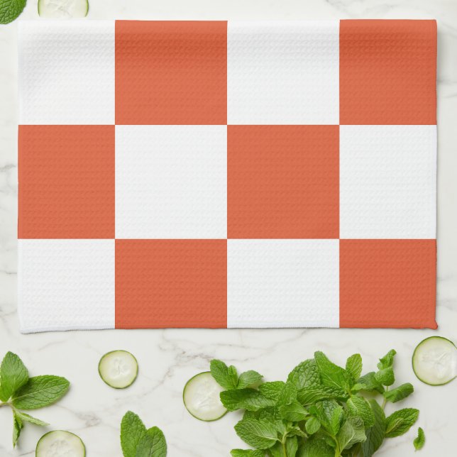Orange and White Checkerboard Pattern Kitchen Towel (Folded)
