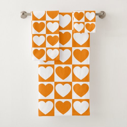 Orange and White Checkered Pattern With Hearts Bath Towel Set