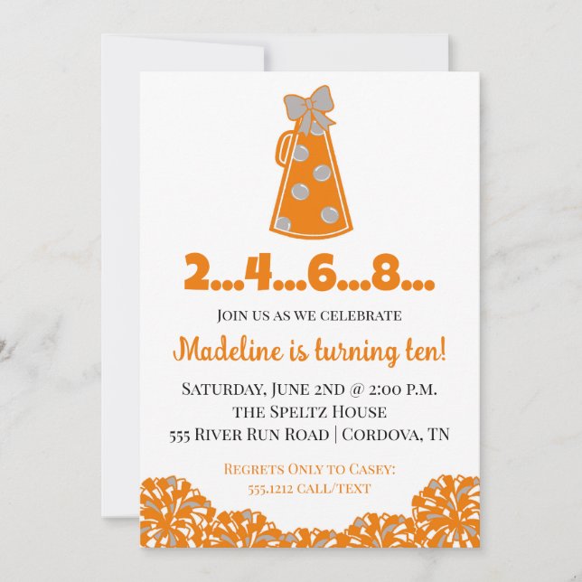 Orange and White Cheer Birthday Invitation (Front)